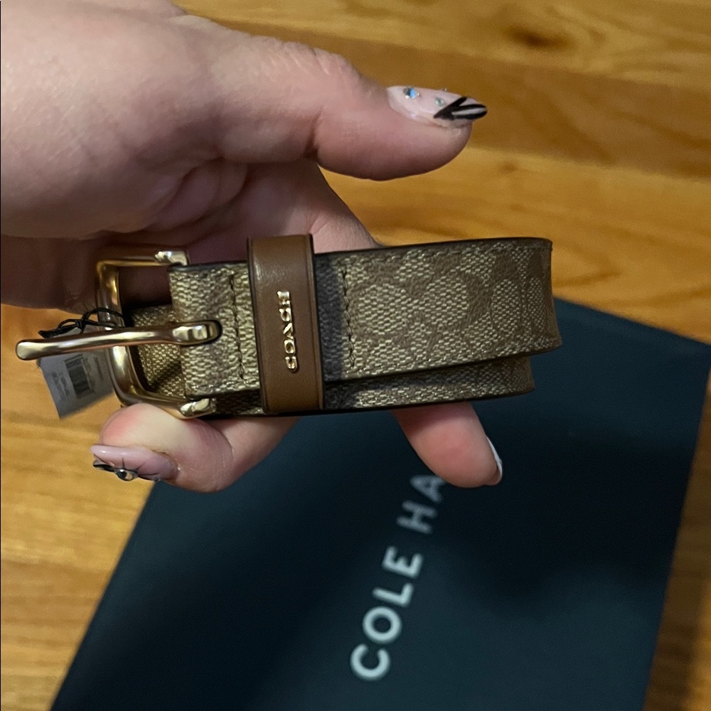 Coach Tan and Brown Monogram Belt with Gold Buckle